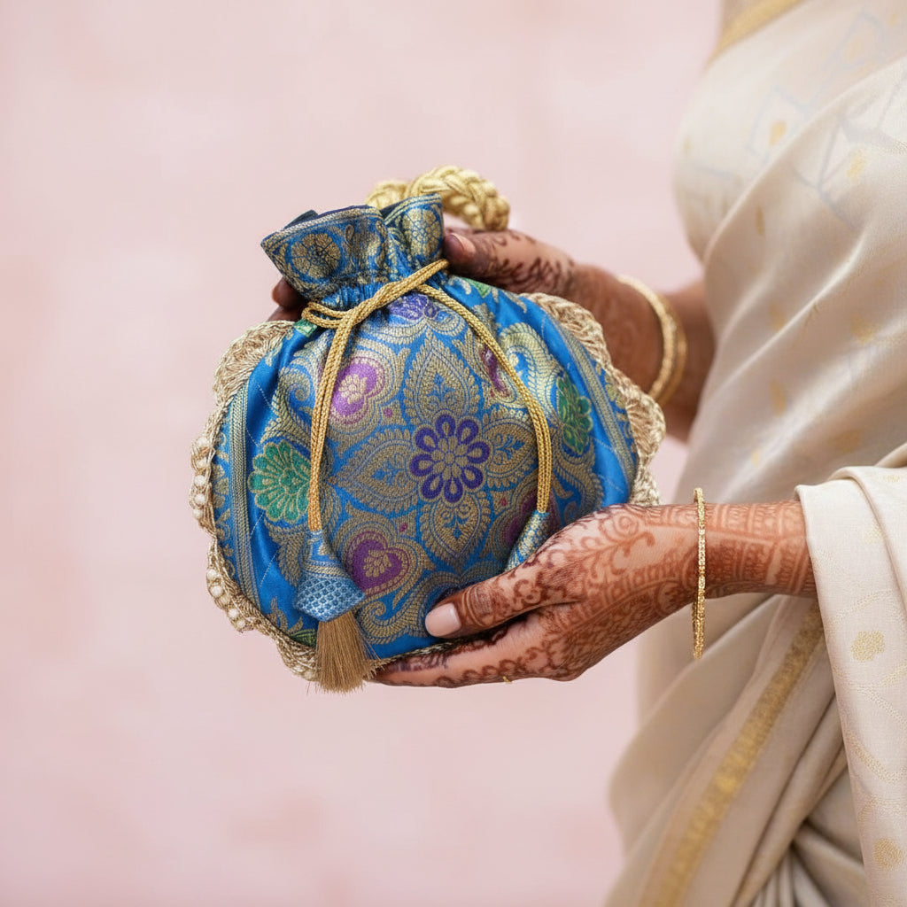 Firozi Blue Eccentric Lace Work Banarasi Potli Bags