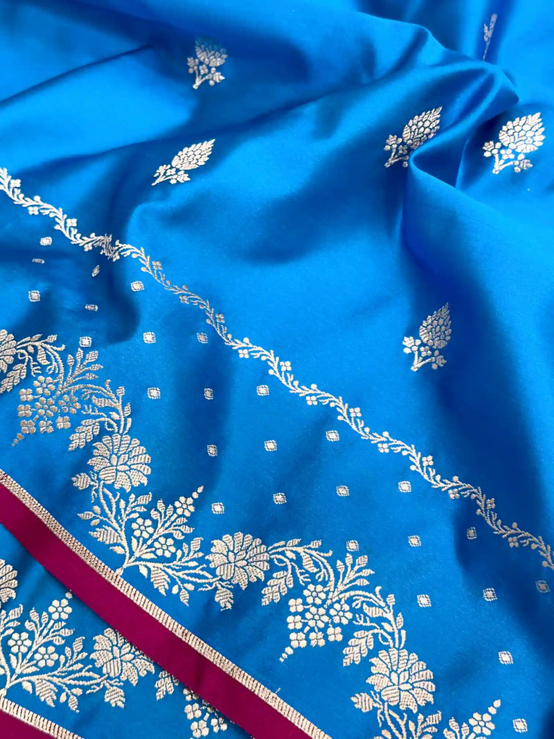  Firozi Blue Eccentric Mashru Katan Silk Banarasi Saree 