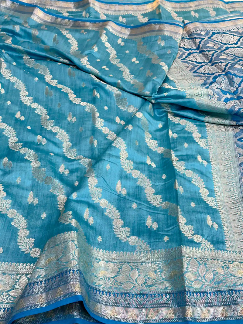 Firozi Blue Leheriya Pure Chiniya Silk Banarasi Saree