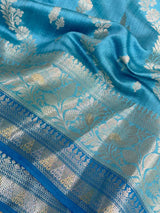 Firozi Blue Leheriya Pure Chiniya Silk Banarasi Saree