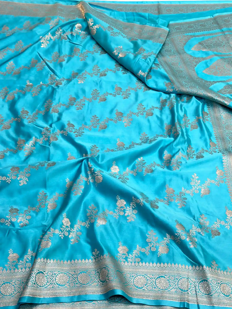 Firozi Blue Mashru Katan Silk Leheriya Weave Banarasi Saree