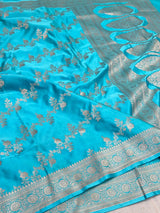 Firozi Blue Mashru Katan Silk Leheriya Weave Banarasi Saree