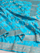 Firozi Blue Mashru Katan Silk Leheriya Weave Banarasi Saree