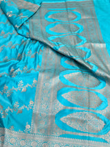 Firozi Blue Mashru Katan Silk Leheriya Weave Banarasi Saree