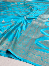 Firozi Blue Mashru Katan Silk Leheriya Weave Banarasi Saree