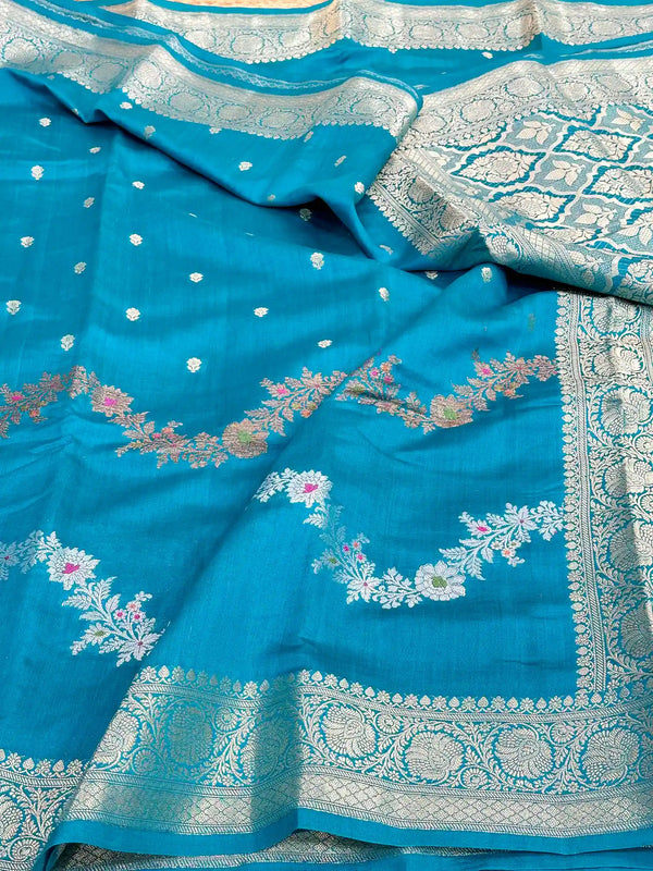 Firozi Blue Meenakari Leheriya Chiniya Silk Saree