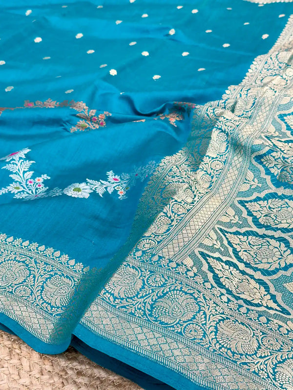 Firozi Blue Meenakari Leheriya Chiniya Silk Saree