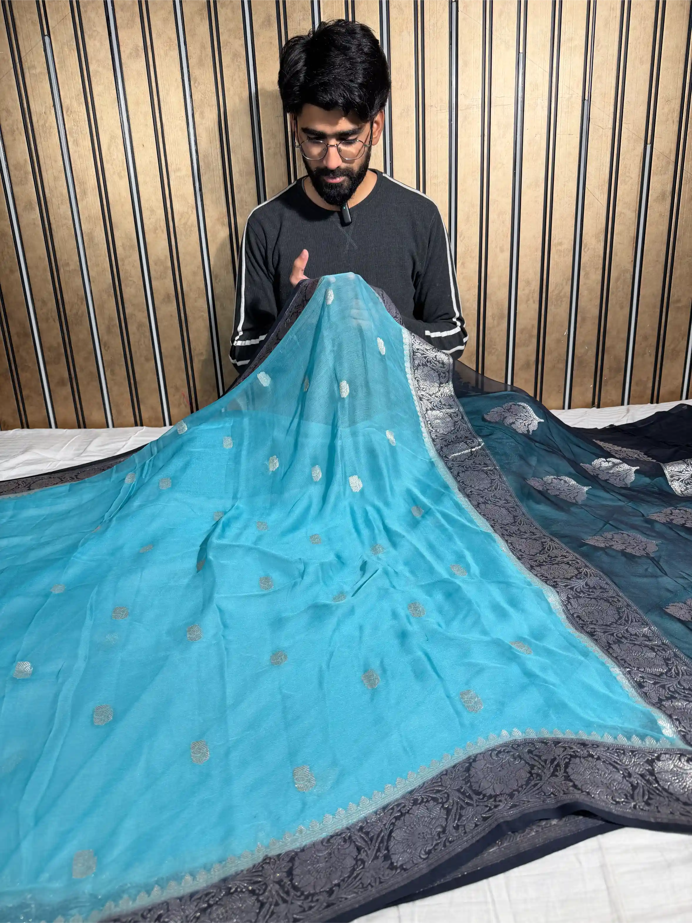 Firozi Blue Pure Khaddi Chiffon Silk Handwoven Banarasi Saree