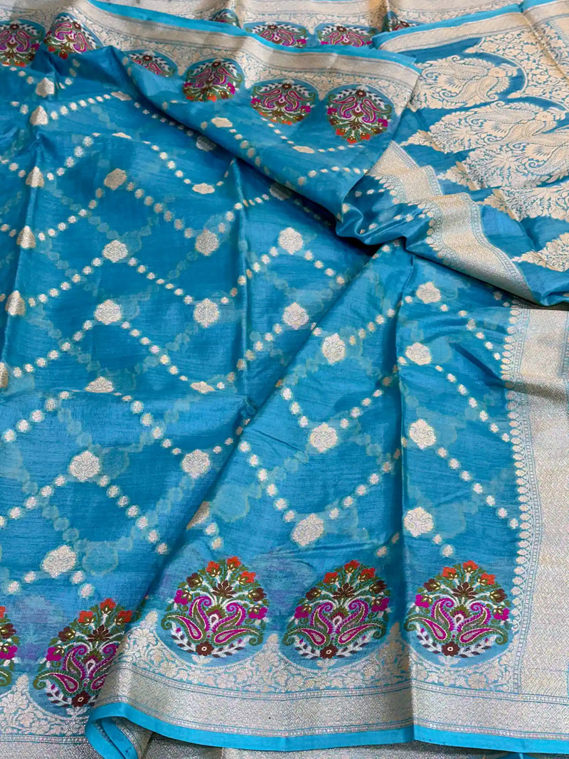 Firozi Blue Pure Tussar Silk Banarasi Saree