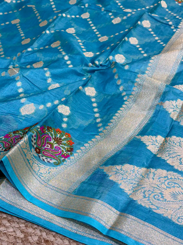 Firozi Blue Pure Tussar Silk Banarasi Saree