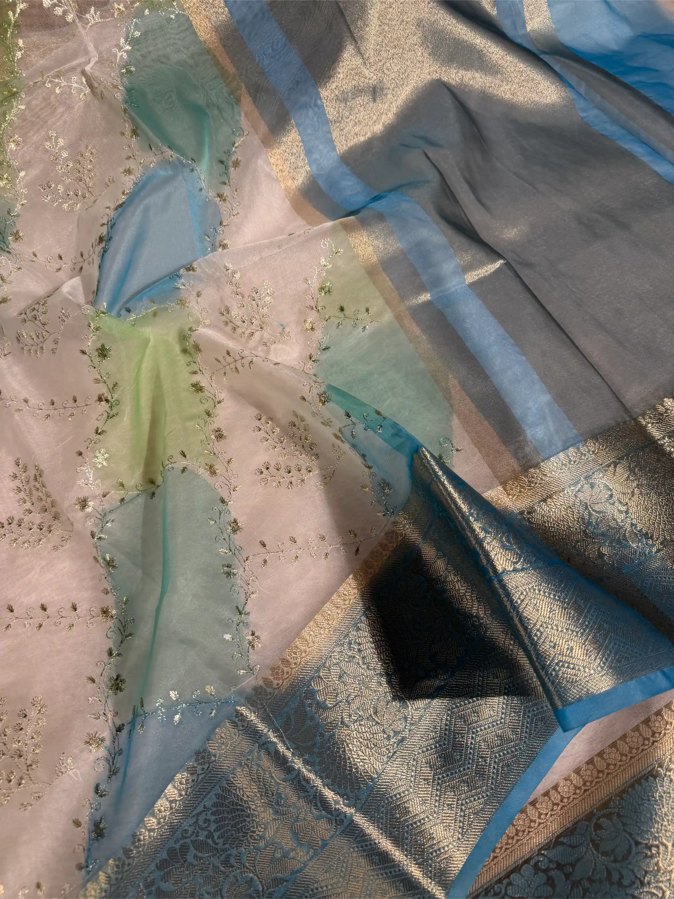 Firozi Blue Rangkat Dyed Oragnza Chikankari Embroidered Banarasi Saree