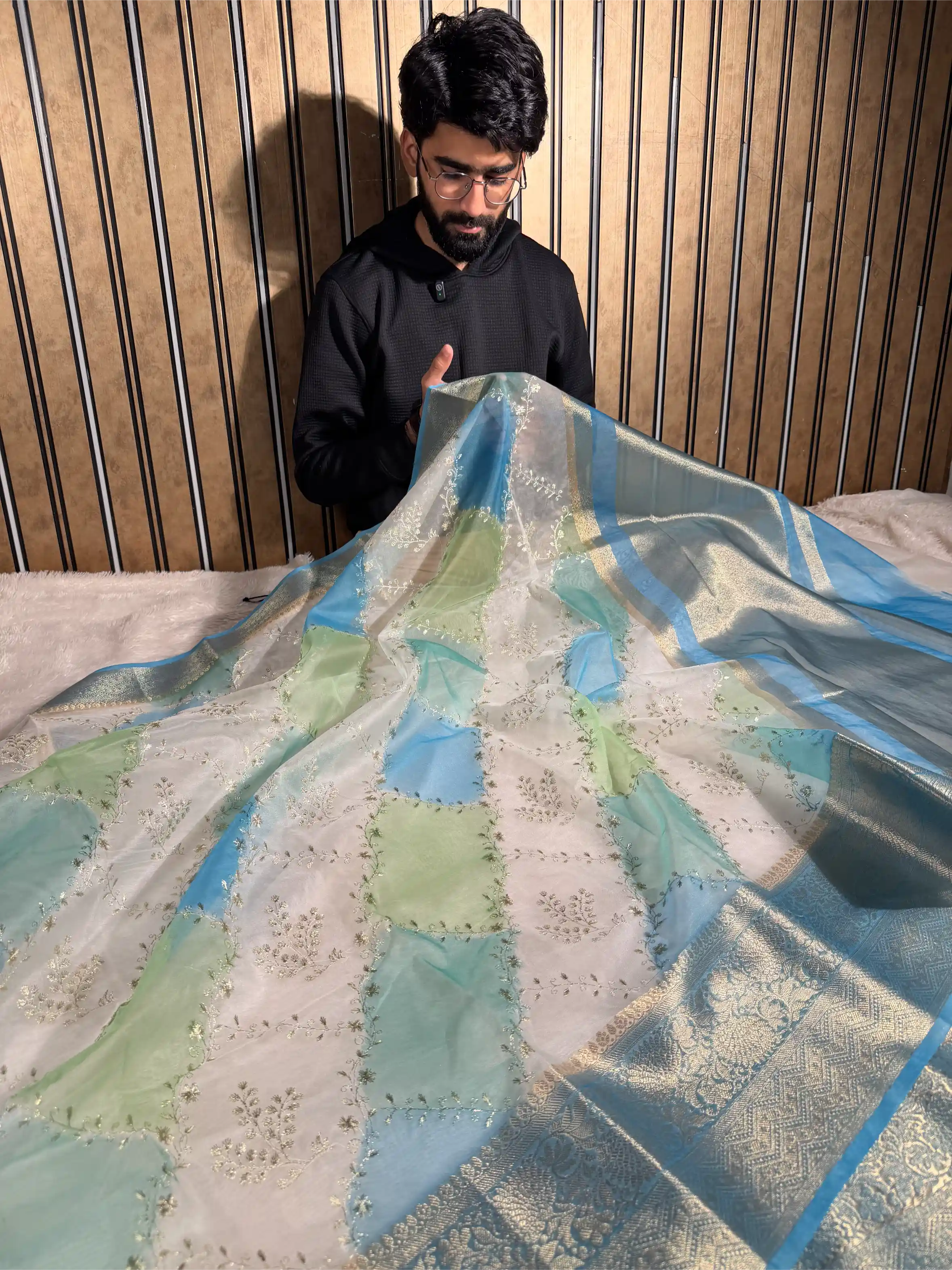 Firozi Blue Rangkat Dyed Oragnza Chikankari Embroidered Banarasi Saree