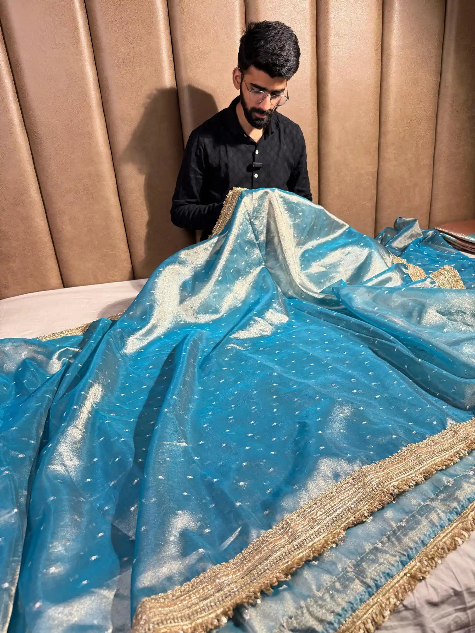 Firozi Blue Soft Tissue Silk Lace Attached Banarasi Saree
