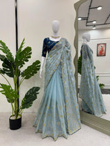 Firozi Blue Shimmery Tissue Silk Designer Saree