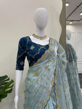 Firozi Blue Shimmery Tissue Silk Designer Saree
