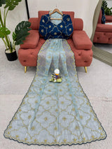 Firozi Blue Shimmery Tissue Silk Designer Saree