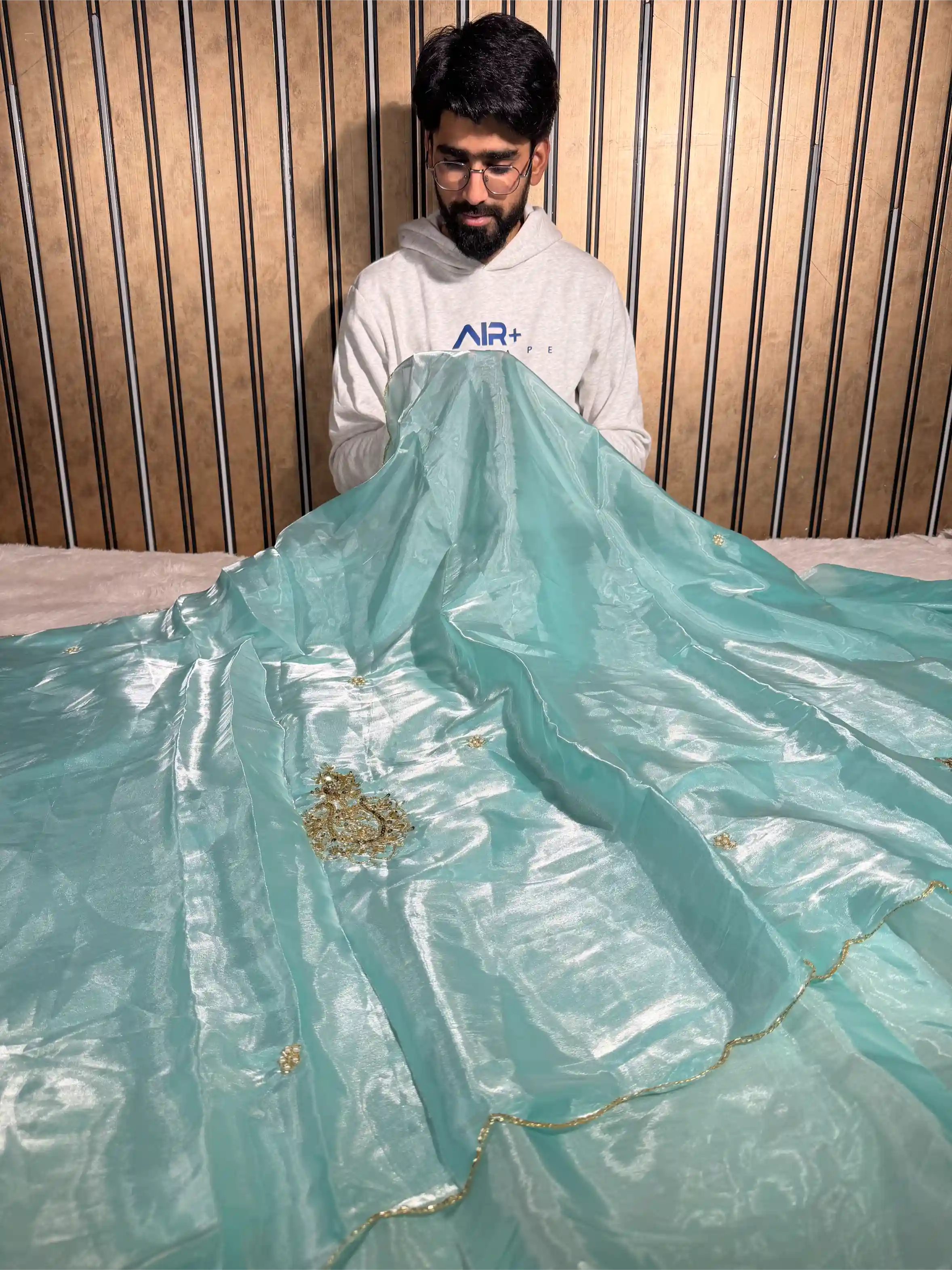 Firozi Blue Shimmery Tissue Silk Handwork Saree