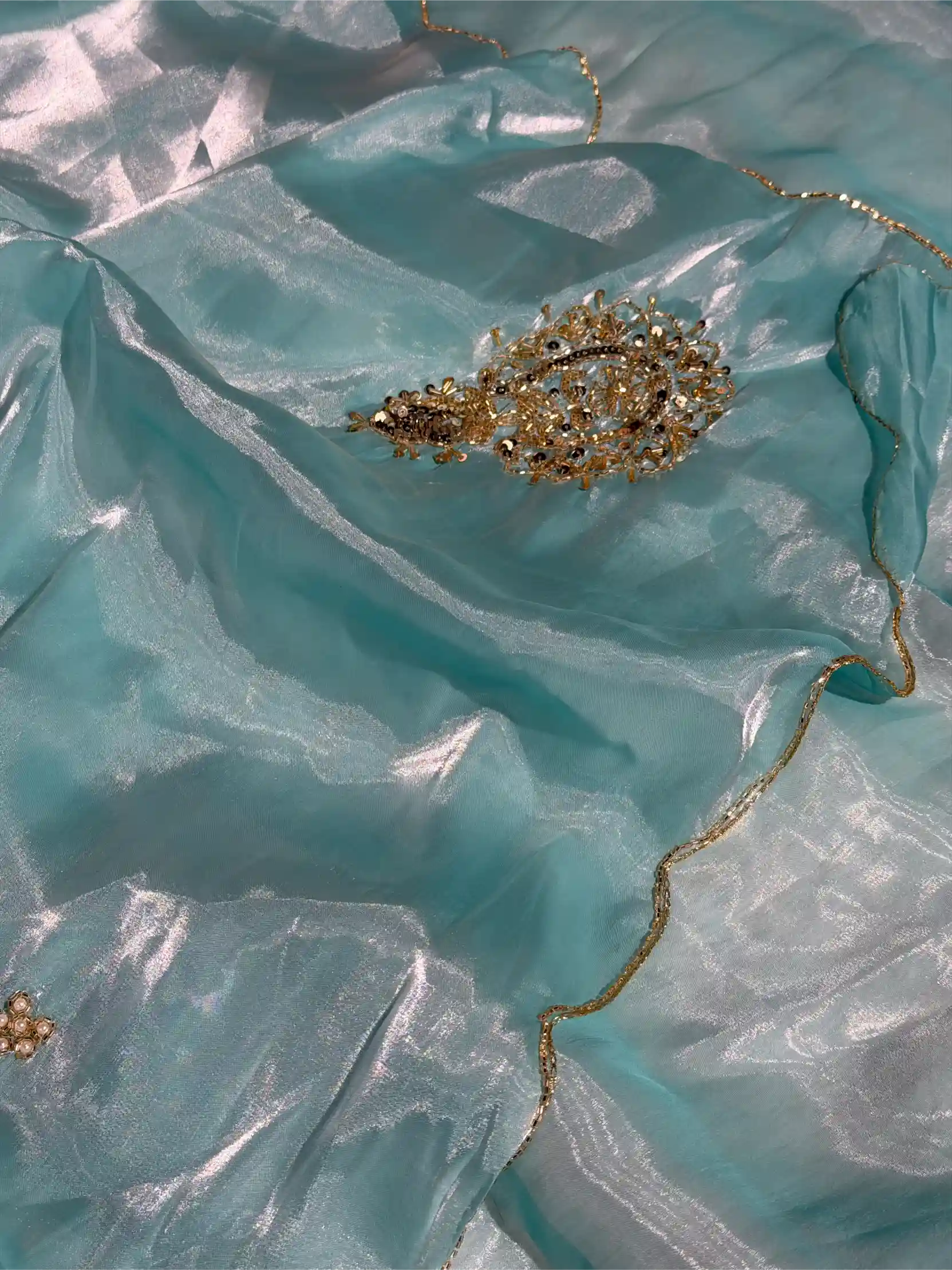 Firozi Blue Shimmery Tissue Silk Handwork Saree