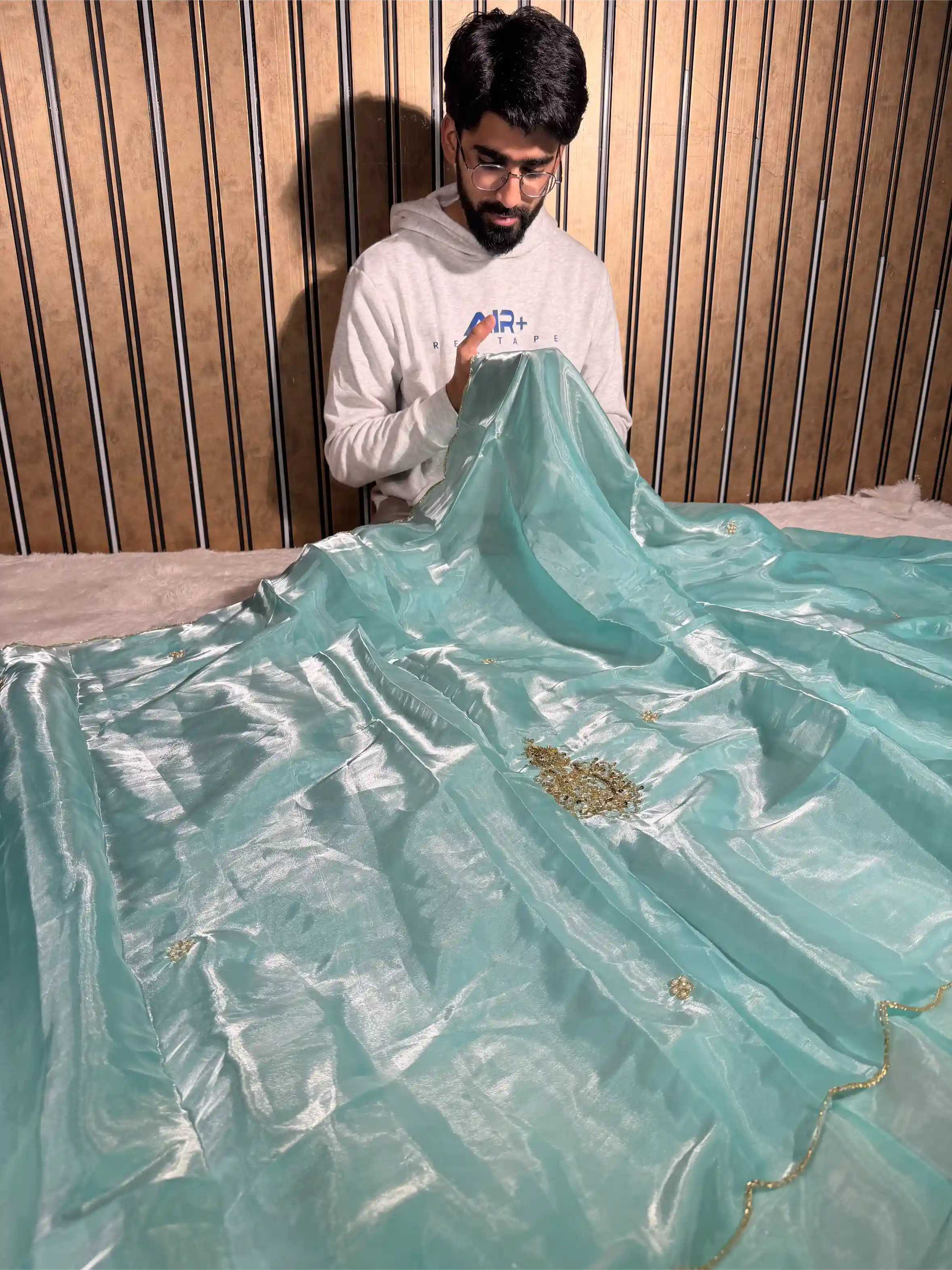 Firozi Blue Shimmery Tissue Silk Handwork Saree