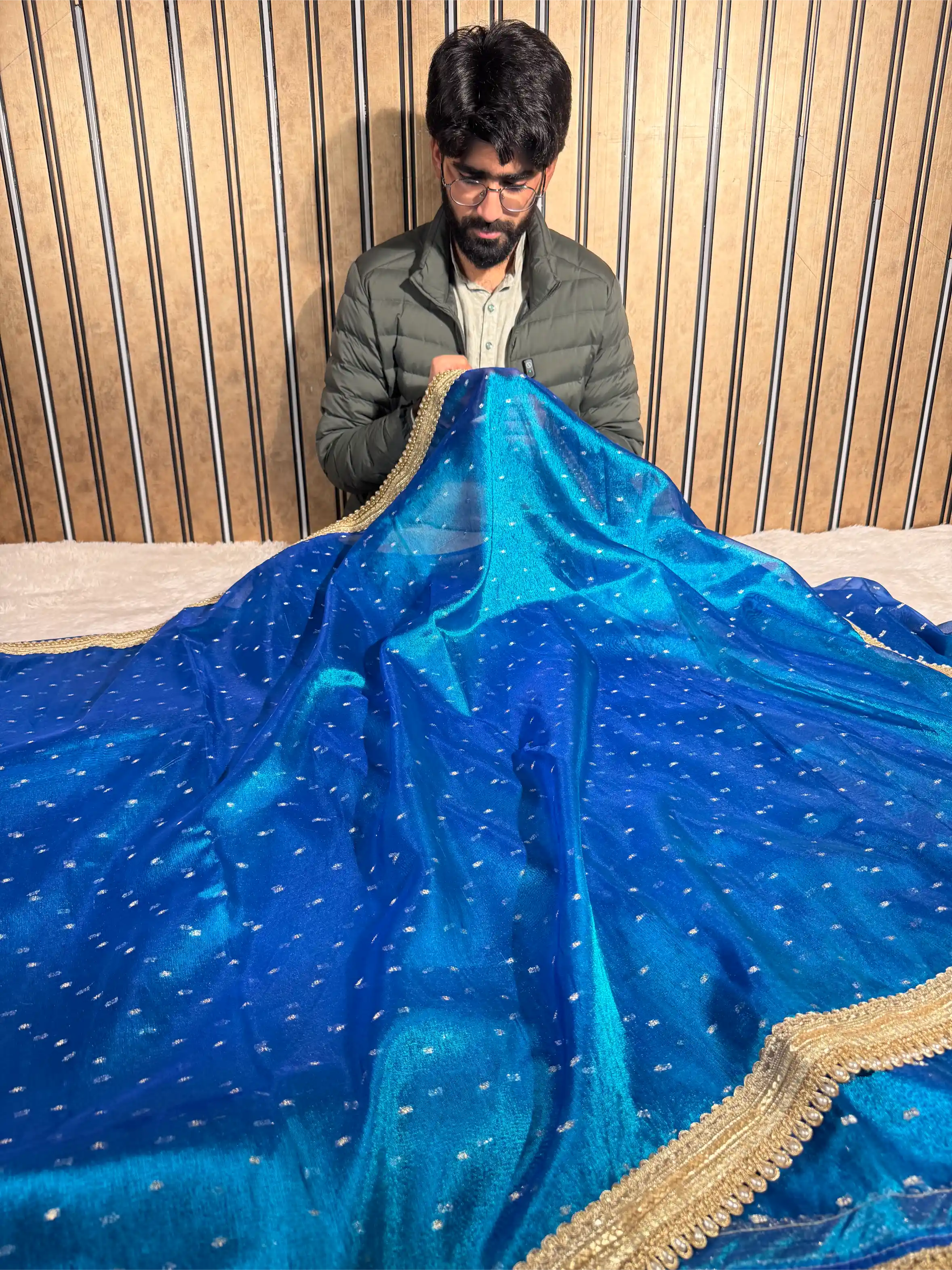 Firozi Blue Tissue Silk Designer Lace Work Banarasi Saree