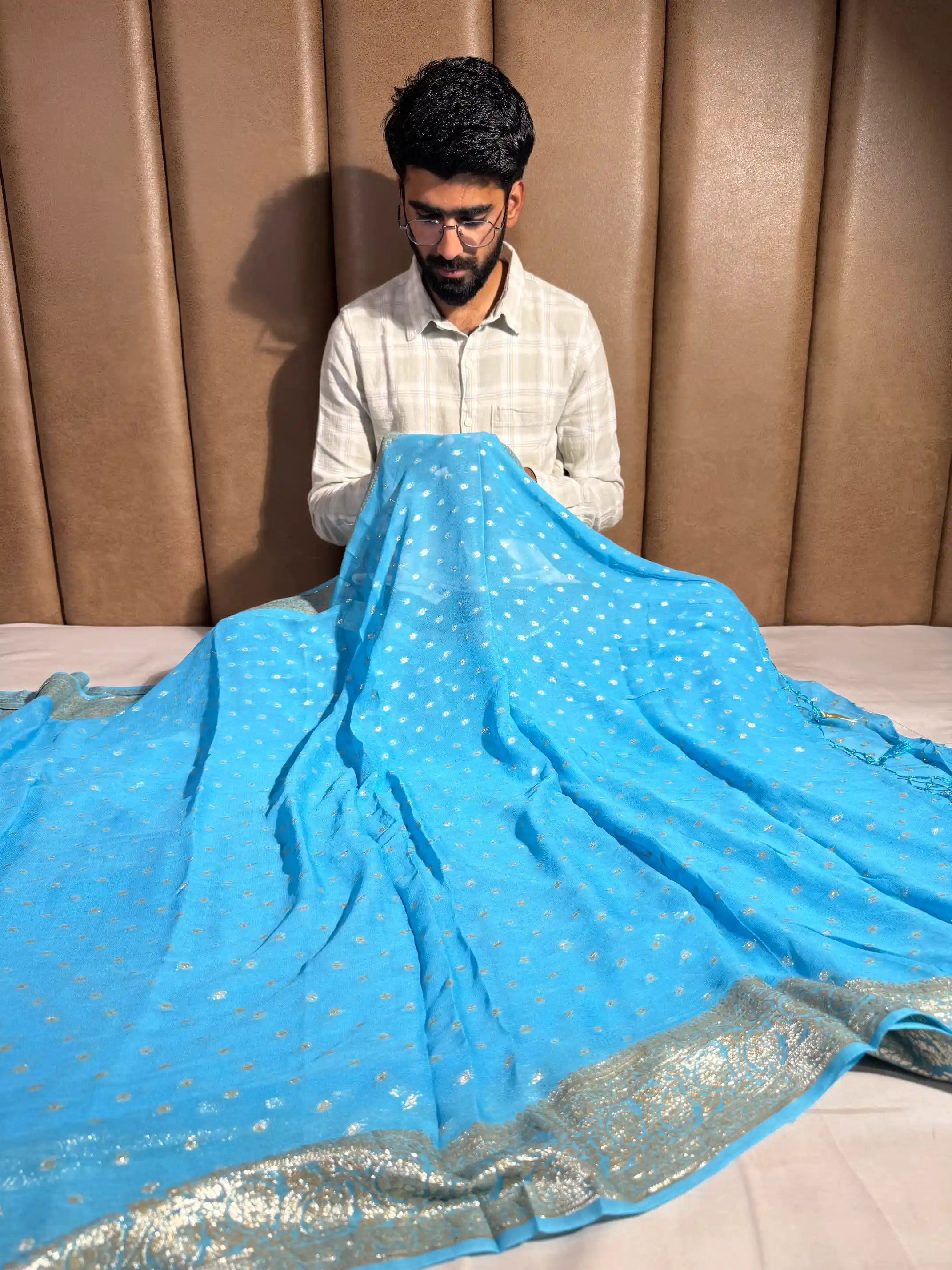 Firozi Blue Viscose Georgette Silk Handmade Tassles Banarasi Saree