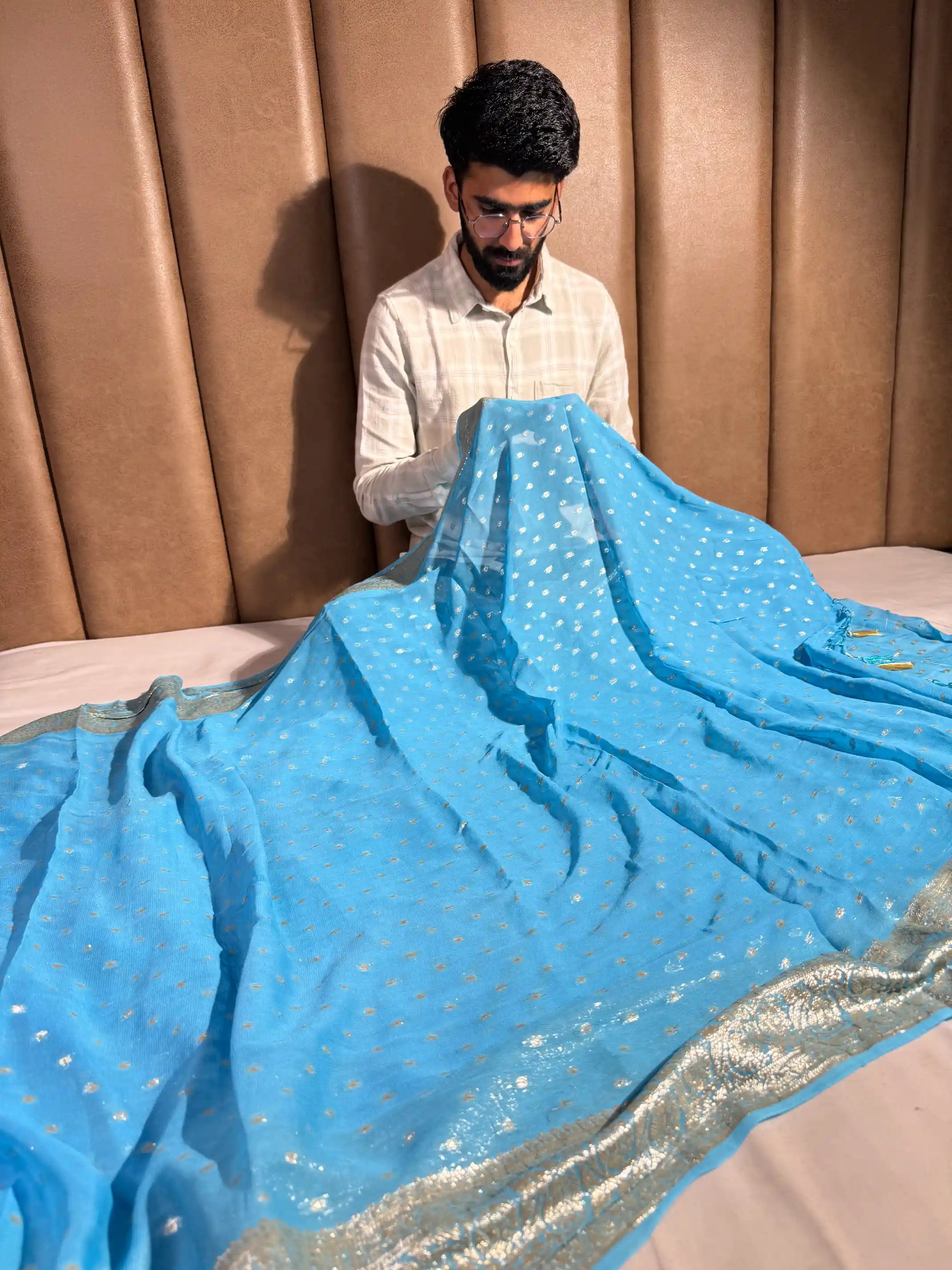 Firozi Blue Viscose Georgette Silk Handmade Tassles Banarasi Saree
