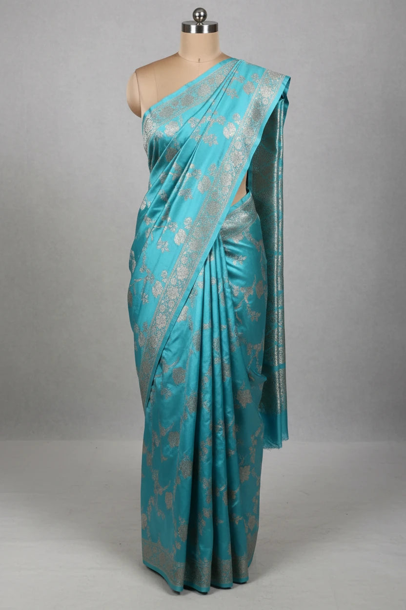 Firozi Mashru Katan Silk Heritage Jaal Weave Banarasi Saree