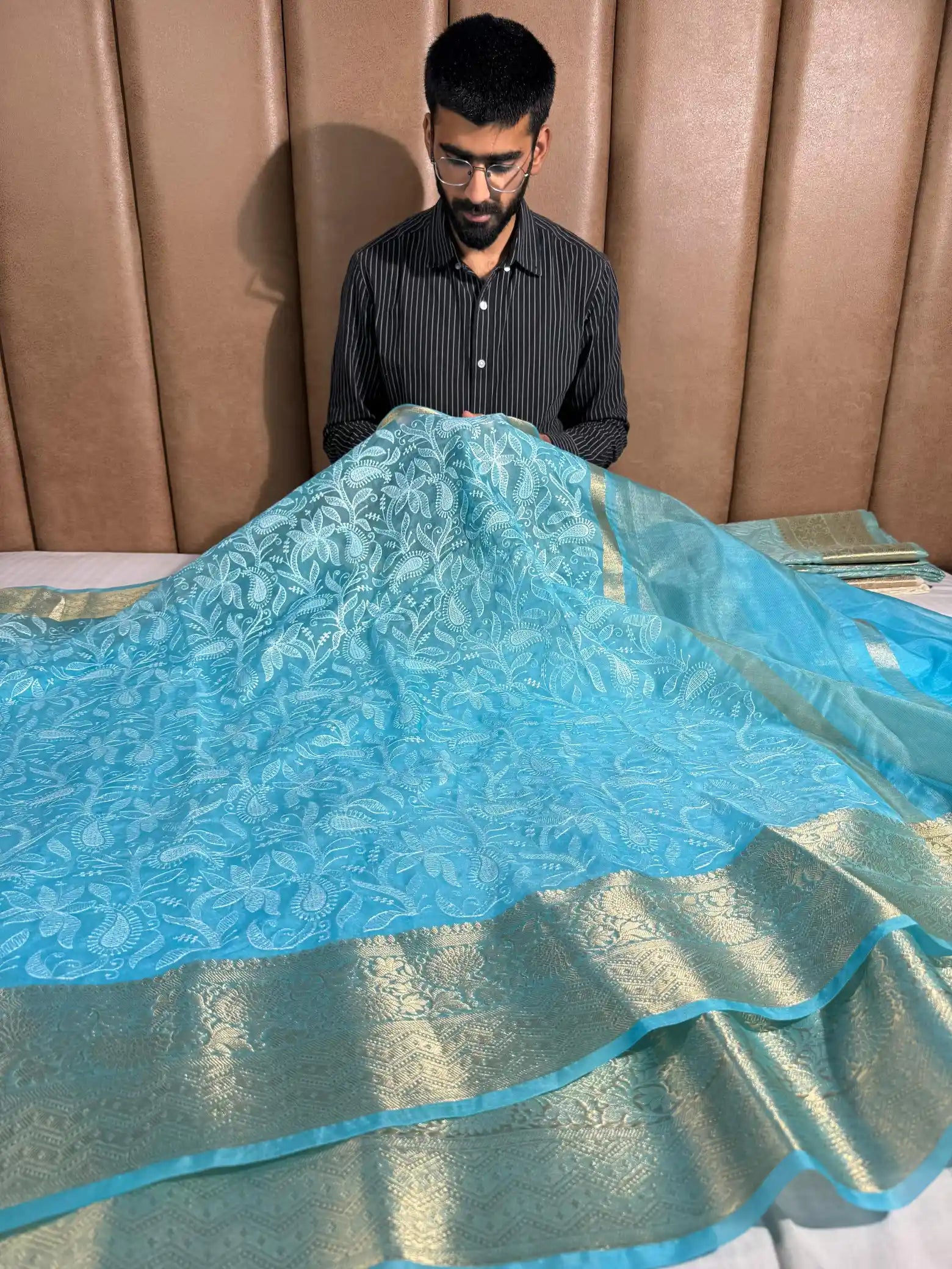 Firozi Organza Silk Banarasi Chikankari Saree