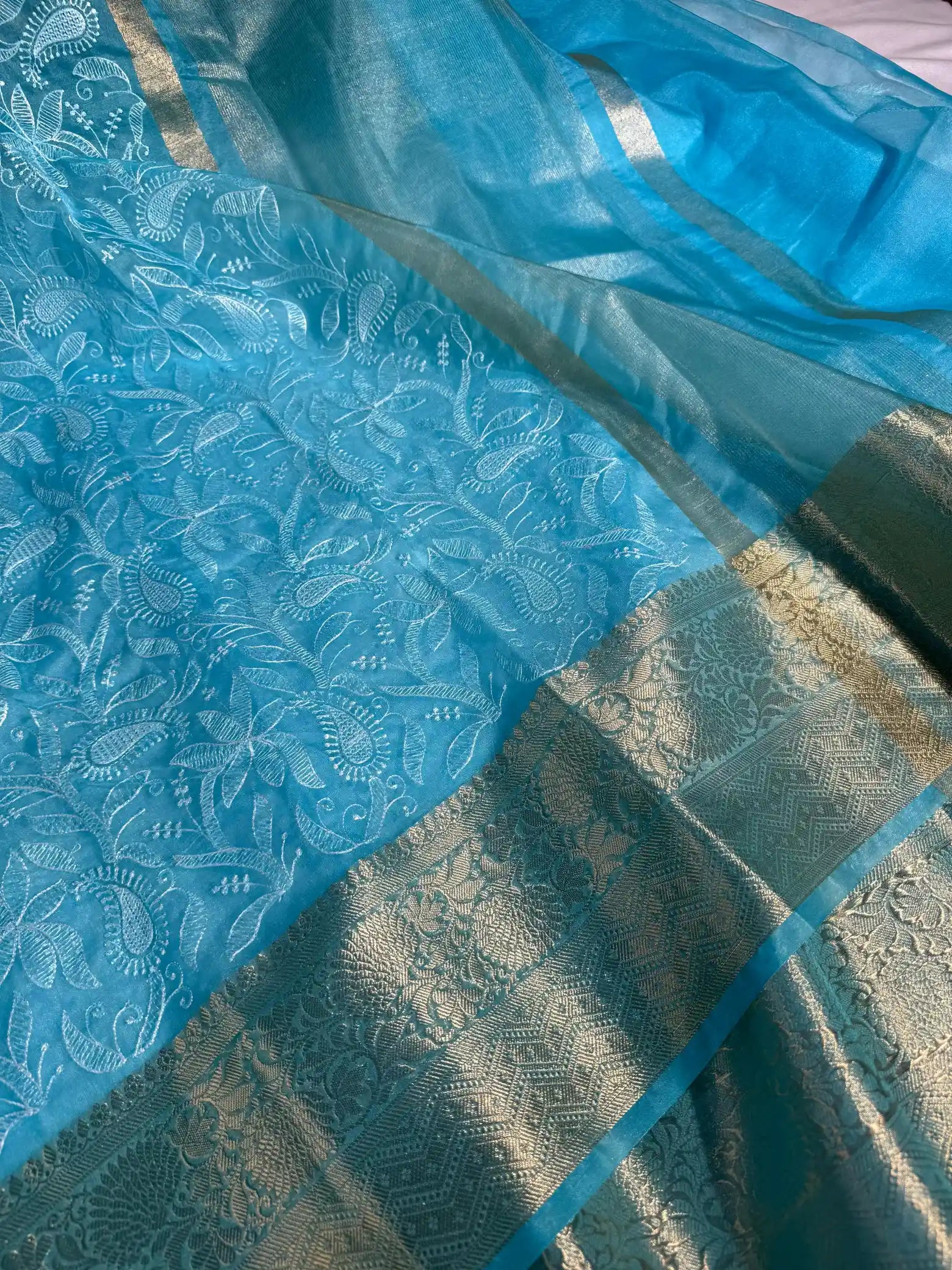 Firozi Organza Silk Banarasi Chikankari Saree