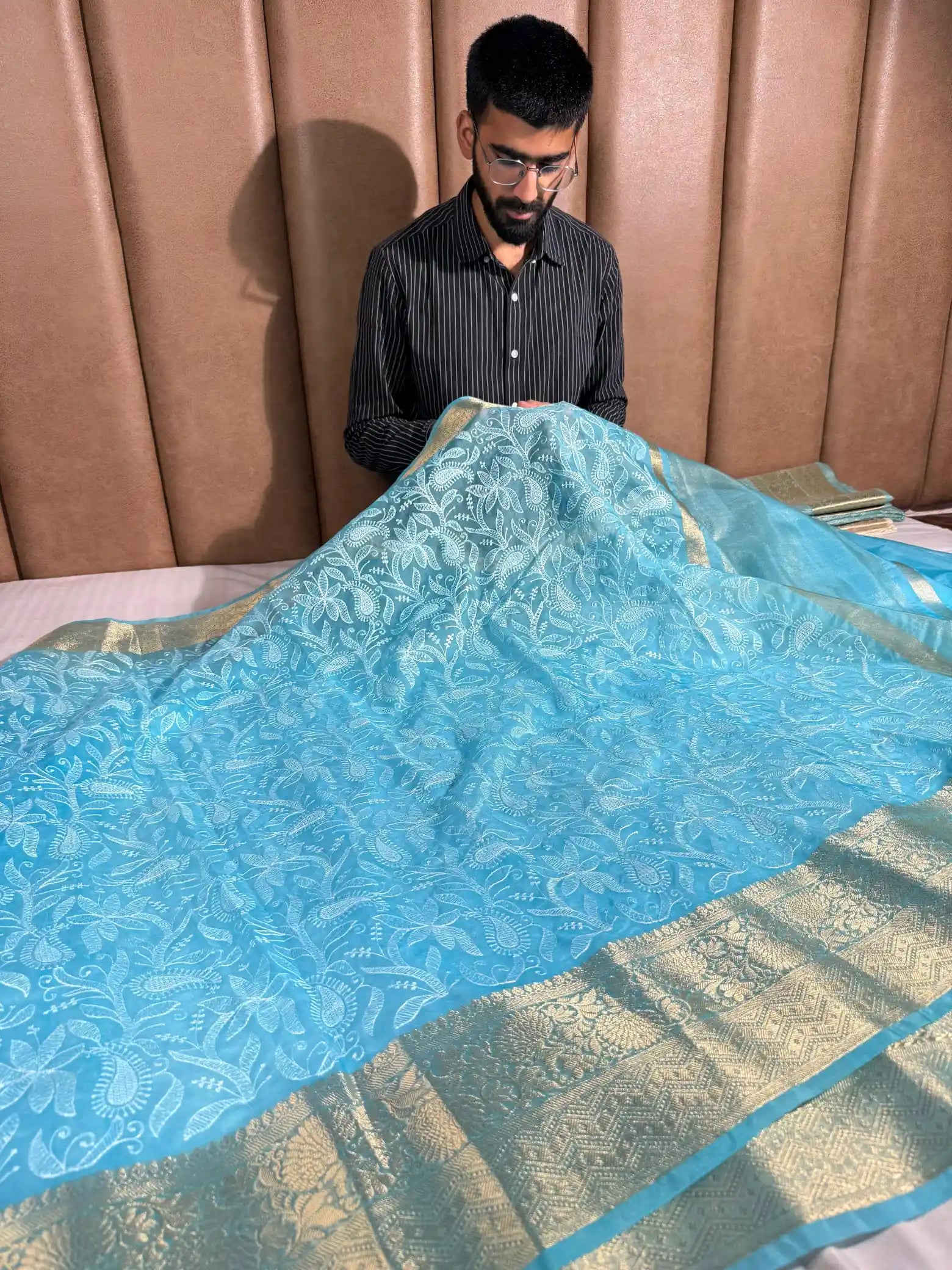 Firozi Organza Silk Banarasi Chikankari Saree