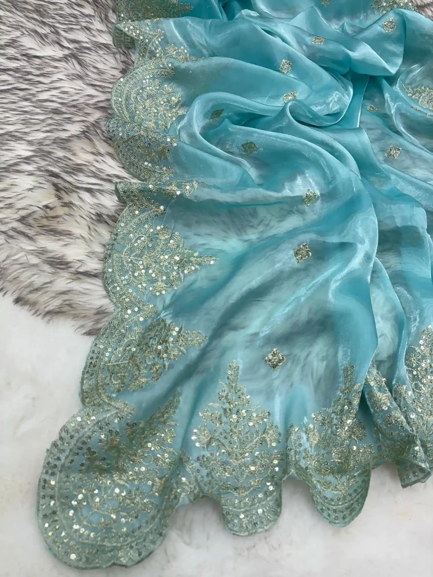 Firozi Shimmery Tissue Silk Saree