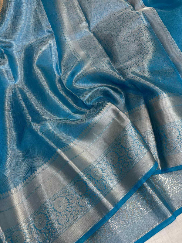 Firozi Blue Dual Shaded Glass Tissue Silk Banarasi Saree