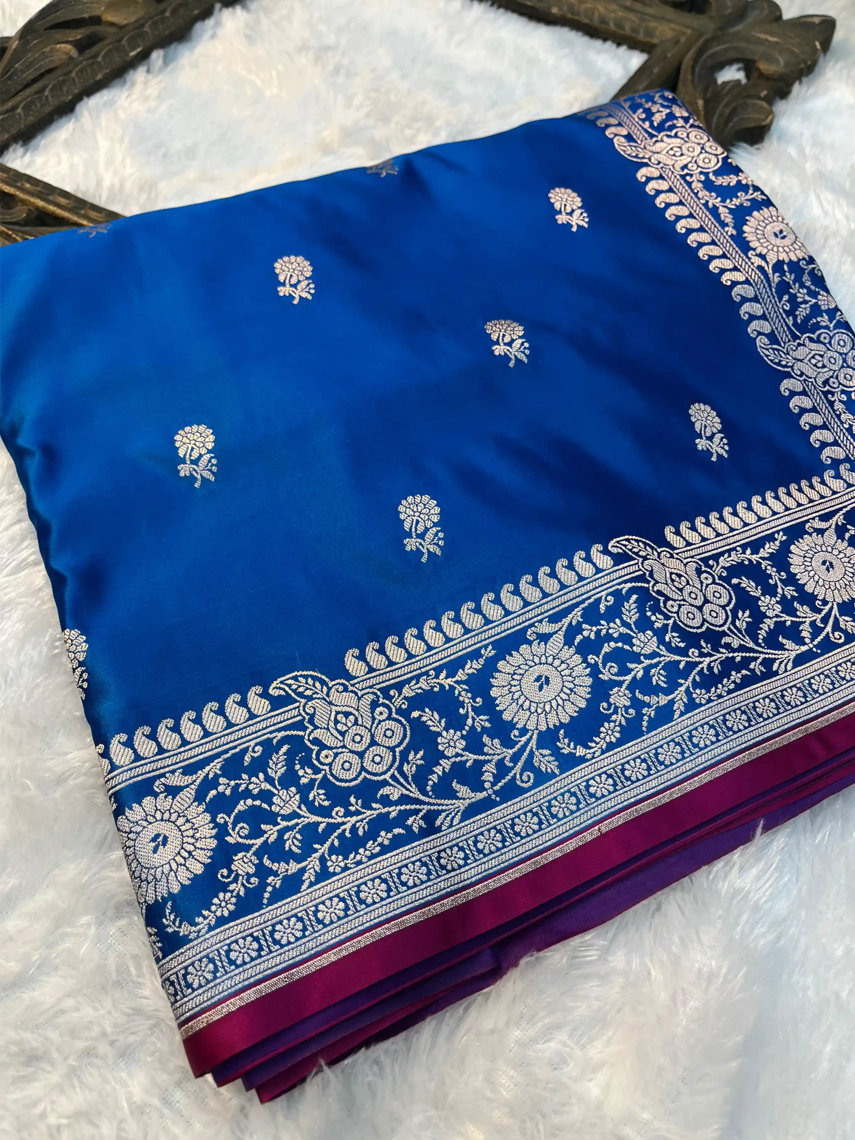 Firozi Blue Premium Mashru Katan Silk Banarasi Saree