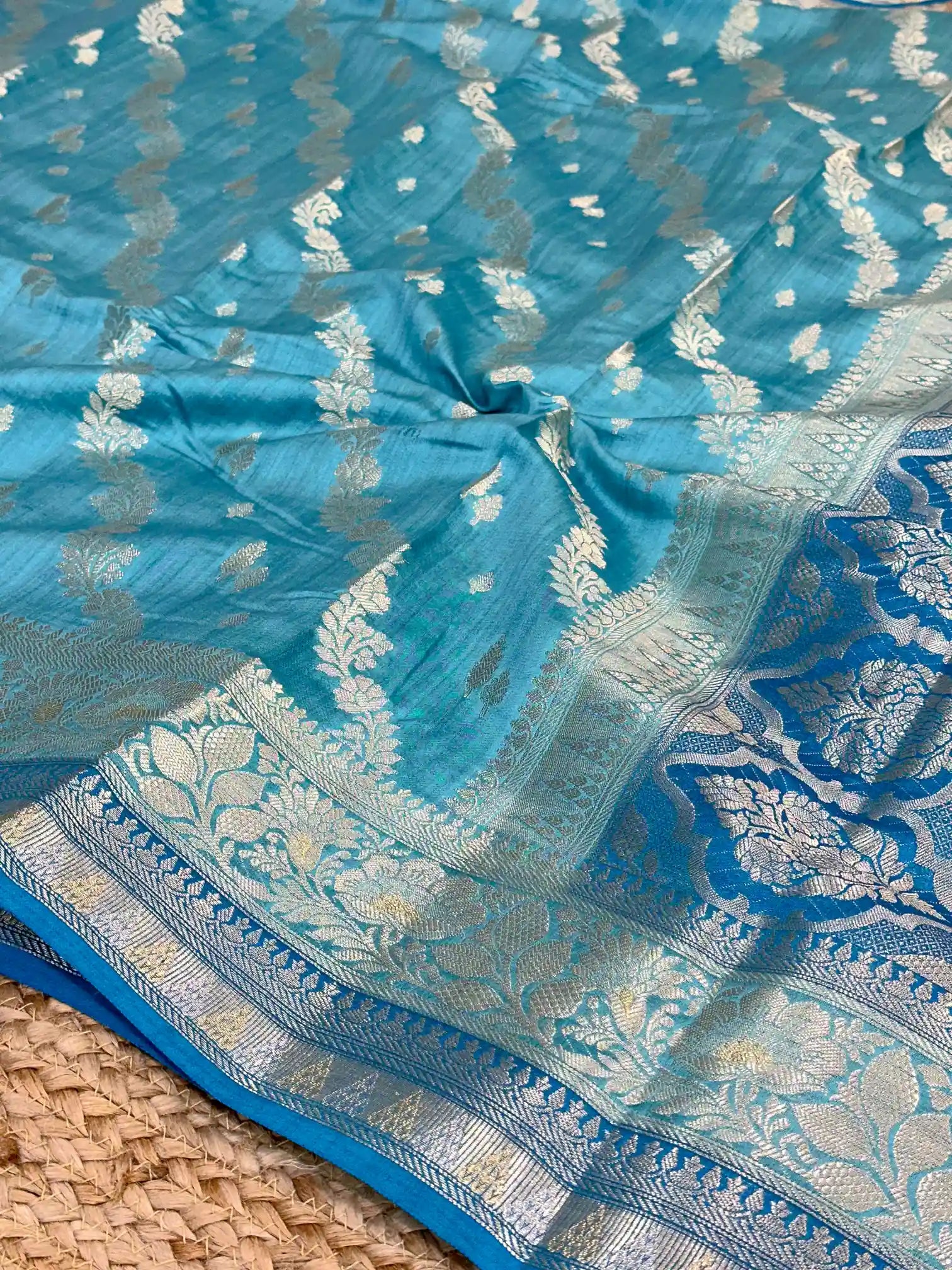 Firozi Blue Pure Chiniya Silk Leheriya Pattern Banarasi Saree