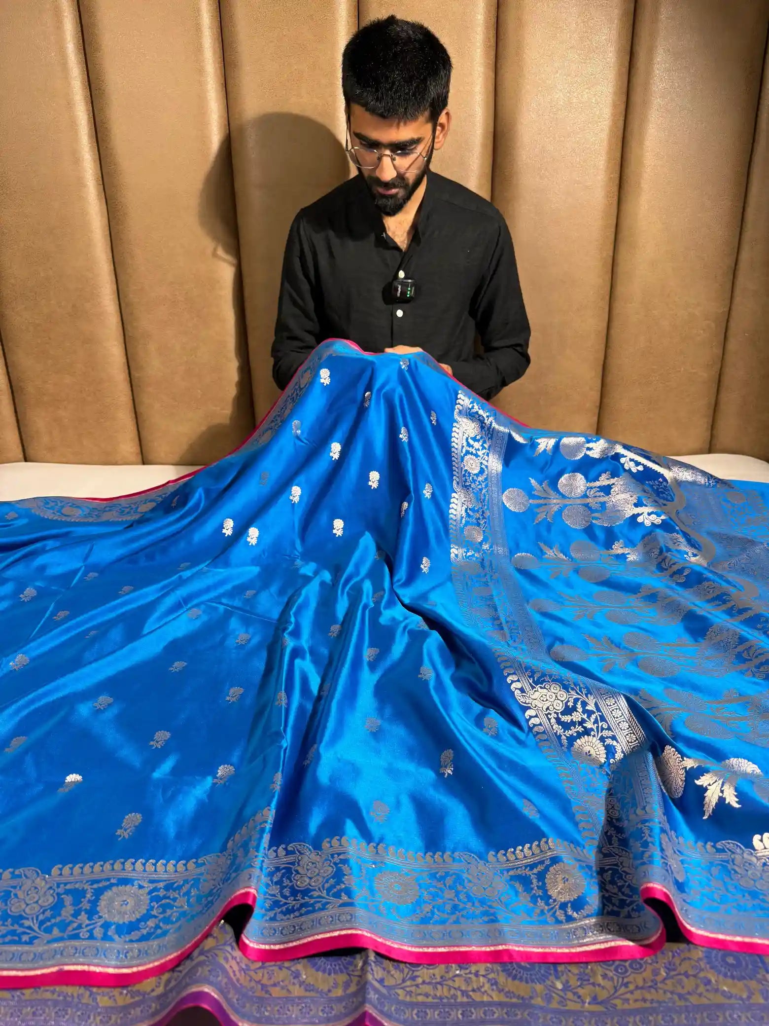 Firozi Blue Premium Mashru Katan Silk Banarasi Saree