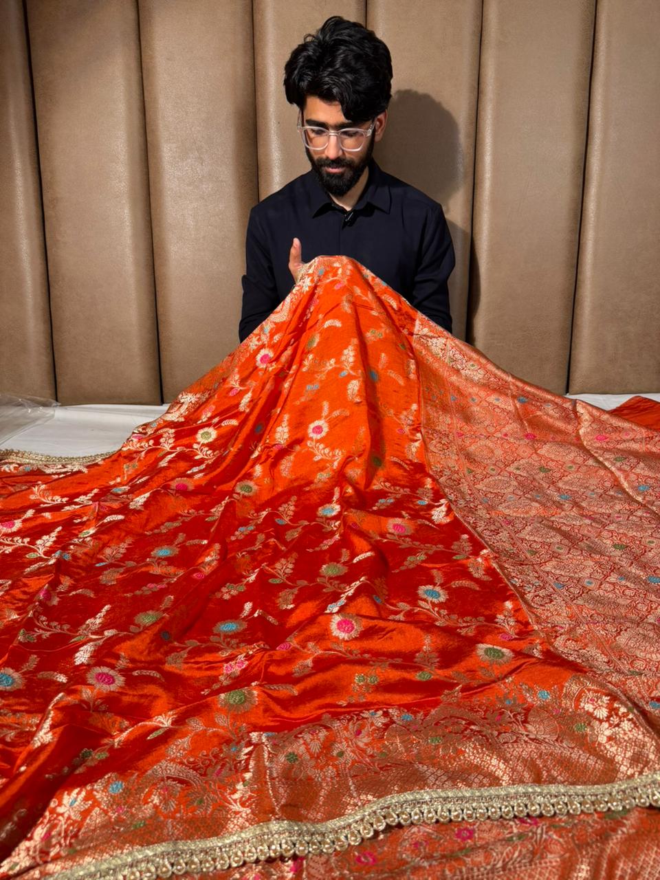 Bright Orange Premium Dipping Silk Lace Work Saree
