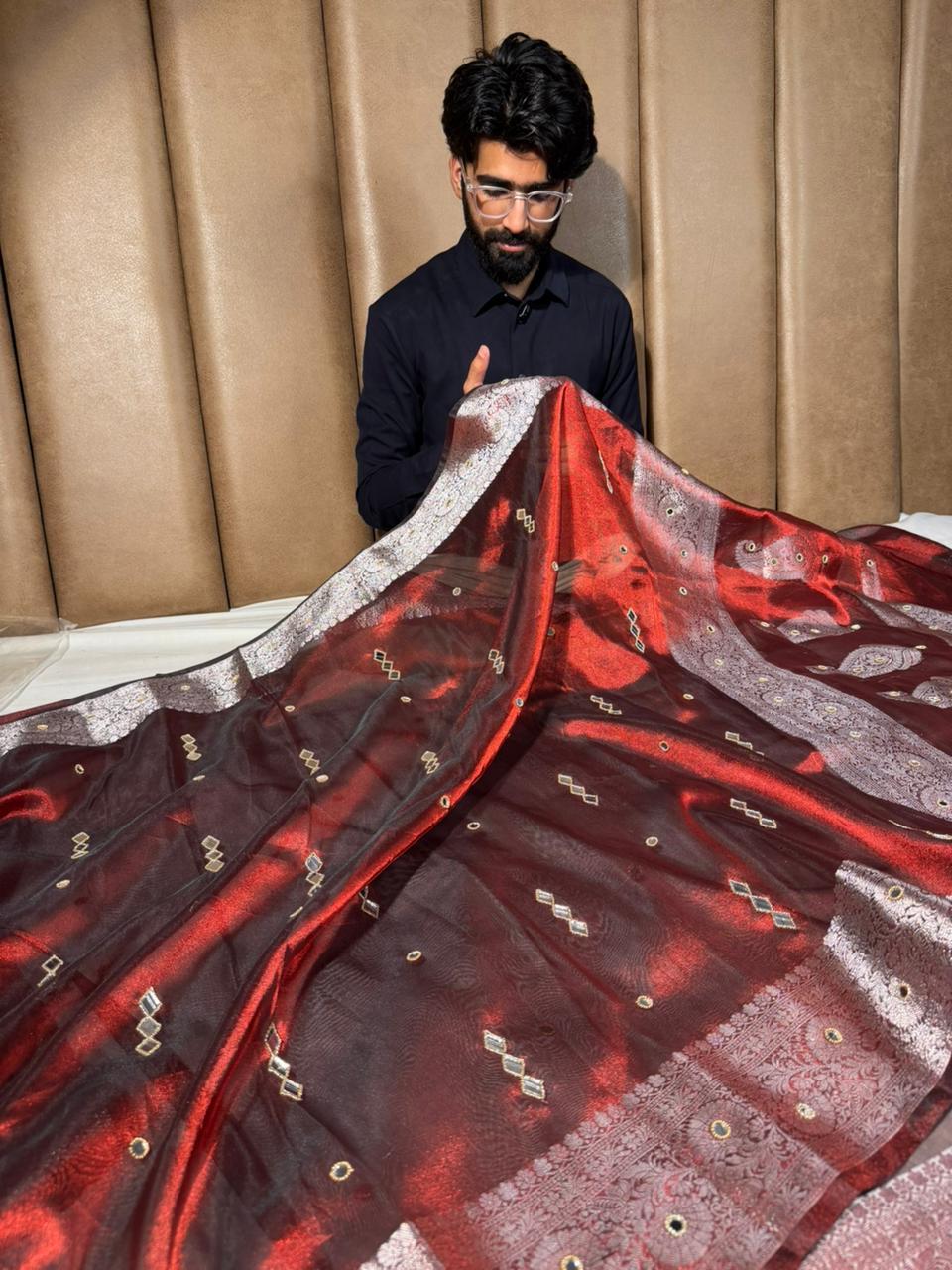 Light Maroon Kora Tissue Silk Mirror Work Saree