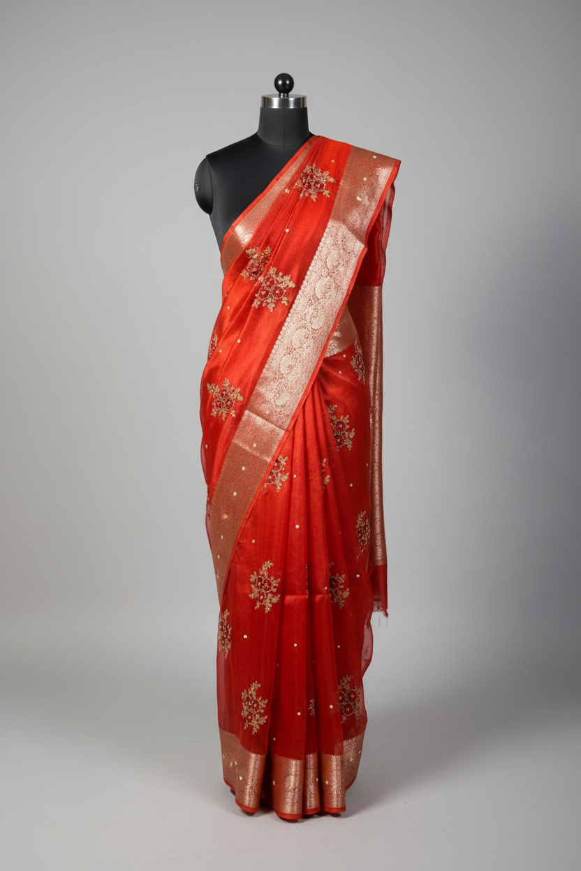Metallic Red Kora Tissue Silk Premium Handwork Saree