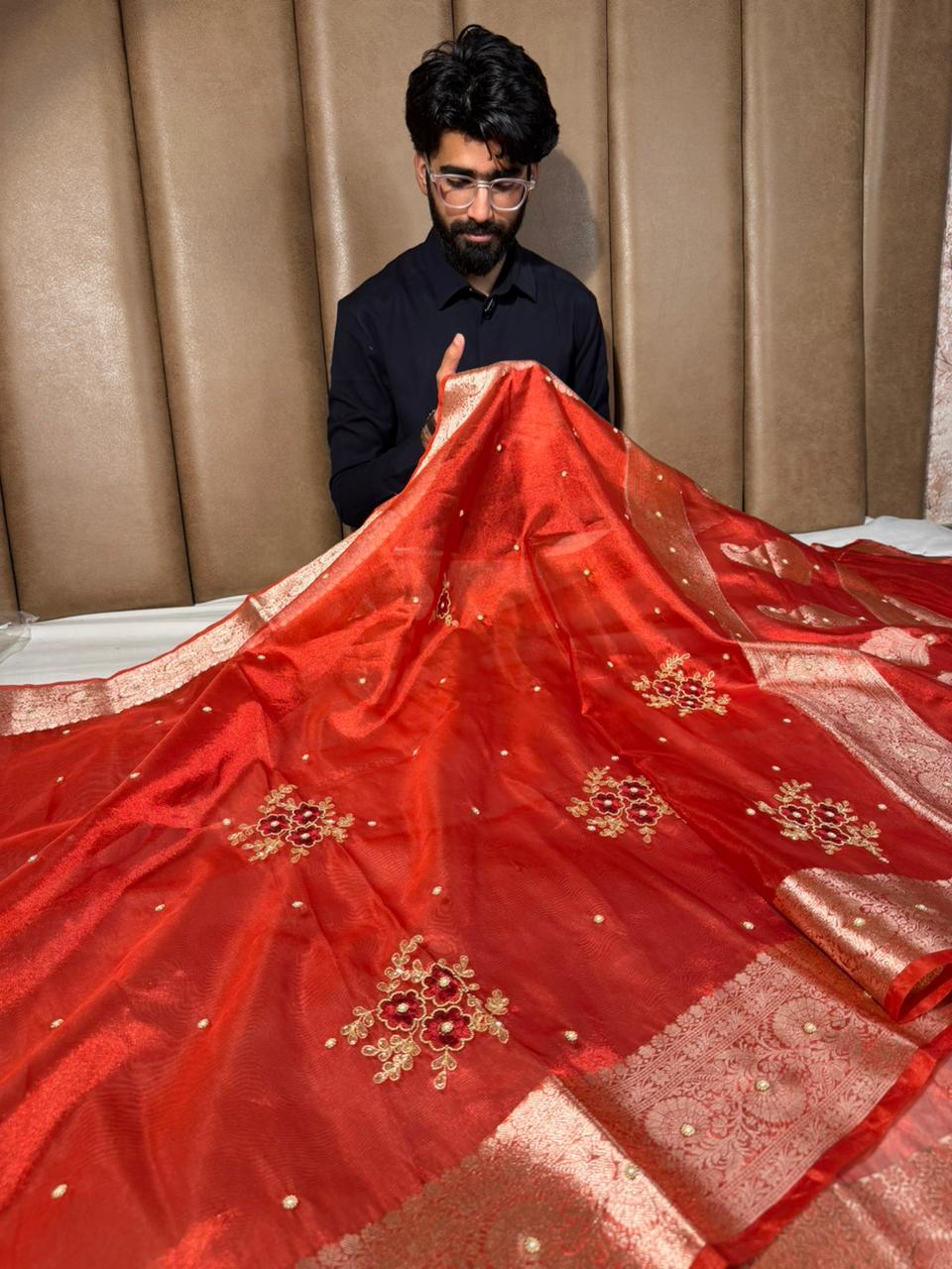 Metallic Red Kora Tissue Silk Premium Handwork Saree