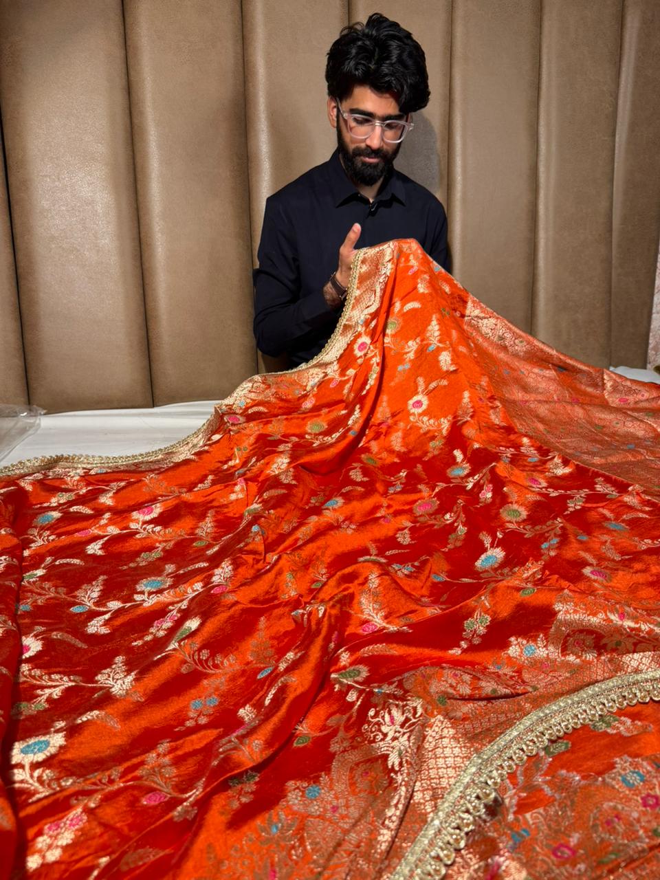 Bright Orange Premium Dipping Silk Lace Work Saree