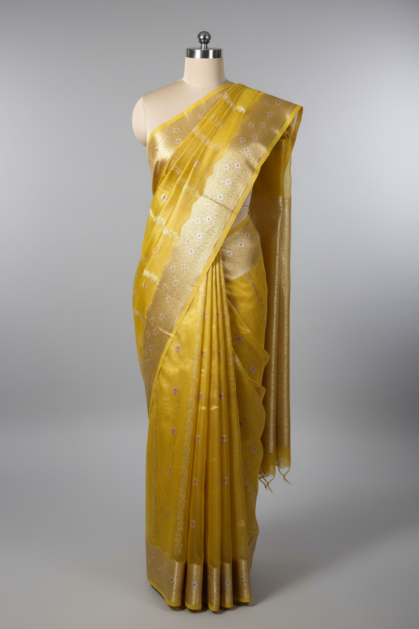 Lemon Yellow Contemporary Kora Tissue Silk Banarasi Saree
