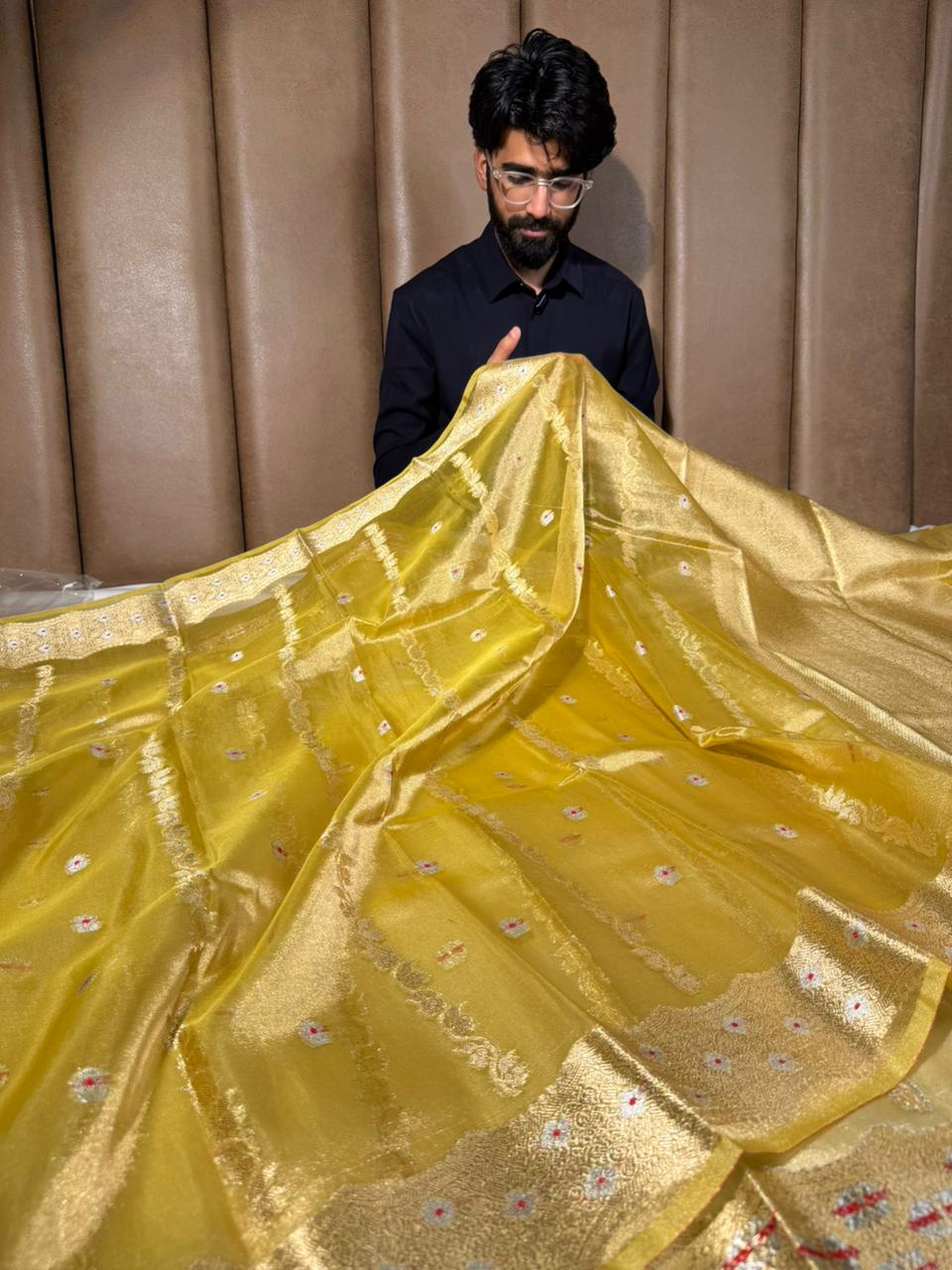 Lemon Yellow Contemporary Kora Tissue Silk Banarasi Saree 