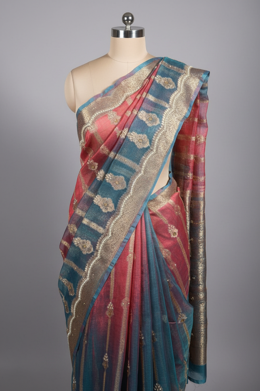 German Blue Scallop Tissue Silk Handwork Banarasi Saree