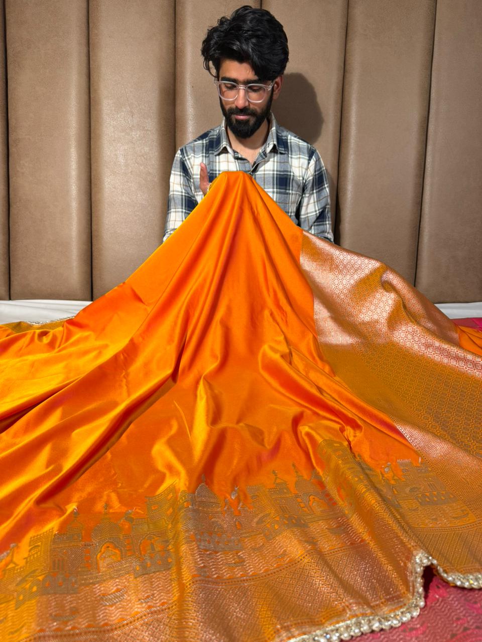Ghats Of Banaras Orange Mashru Katan Silk Saree