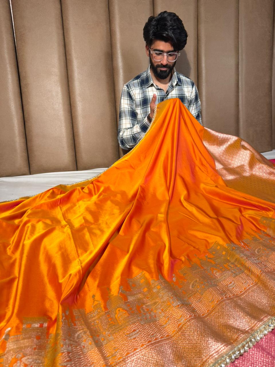 Ghats Of Banaras Orange Mashru Katan Silk Saree