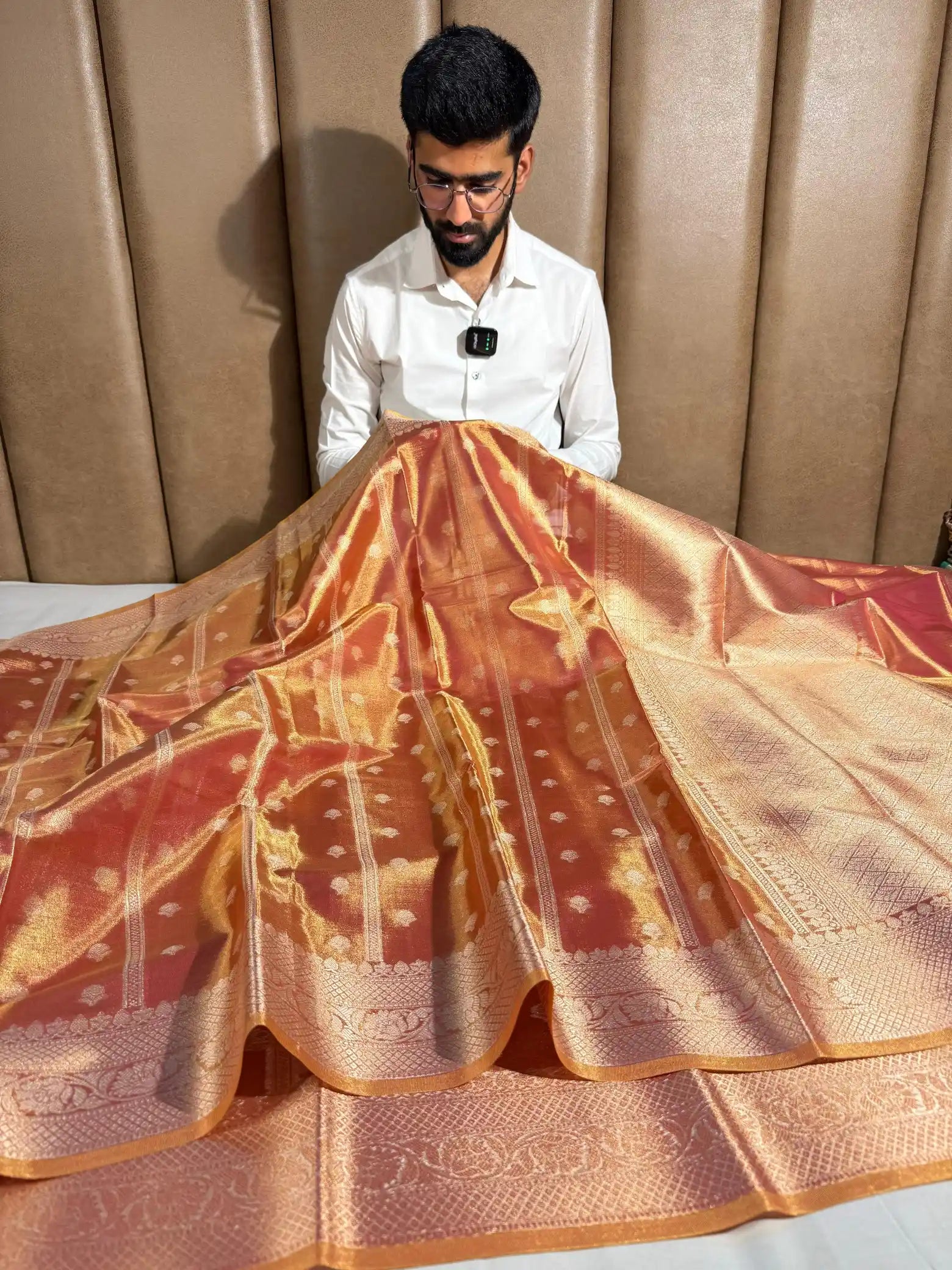 Glary Orange Kathan Tissue Silk Zari Buta Banarasi Saree
