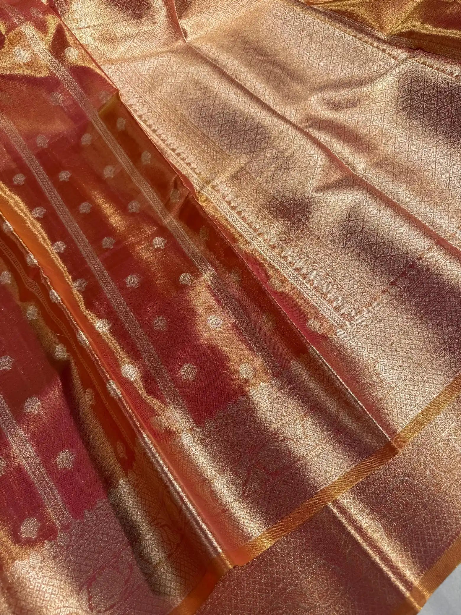 Glary Orange Kathan Tissue Silk Zari Buta Banarasi Saree