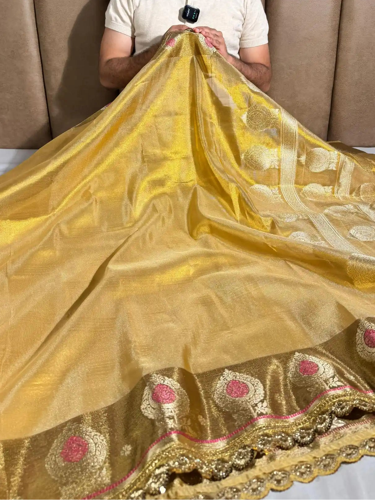 Golden Copper Tissue Silk Designer Lace Work Banarasi Saree