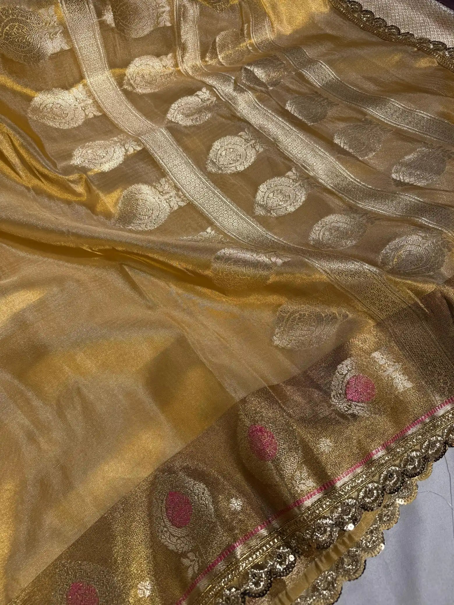Golden Copper Tissue Silk Designer Lace Work Banarasi Saree