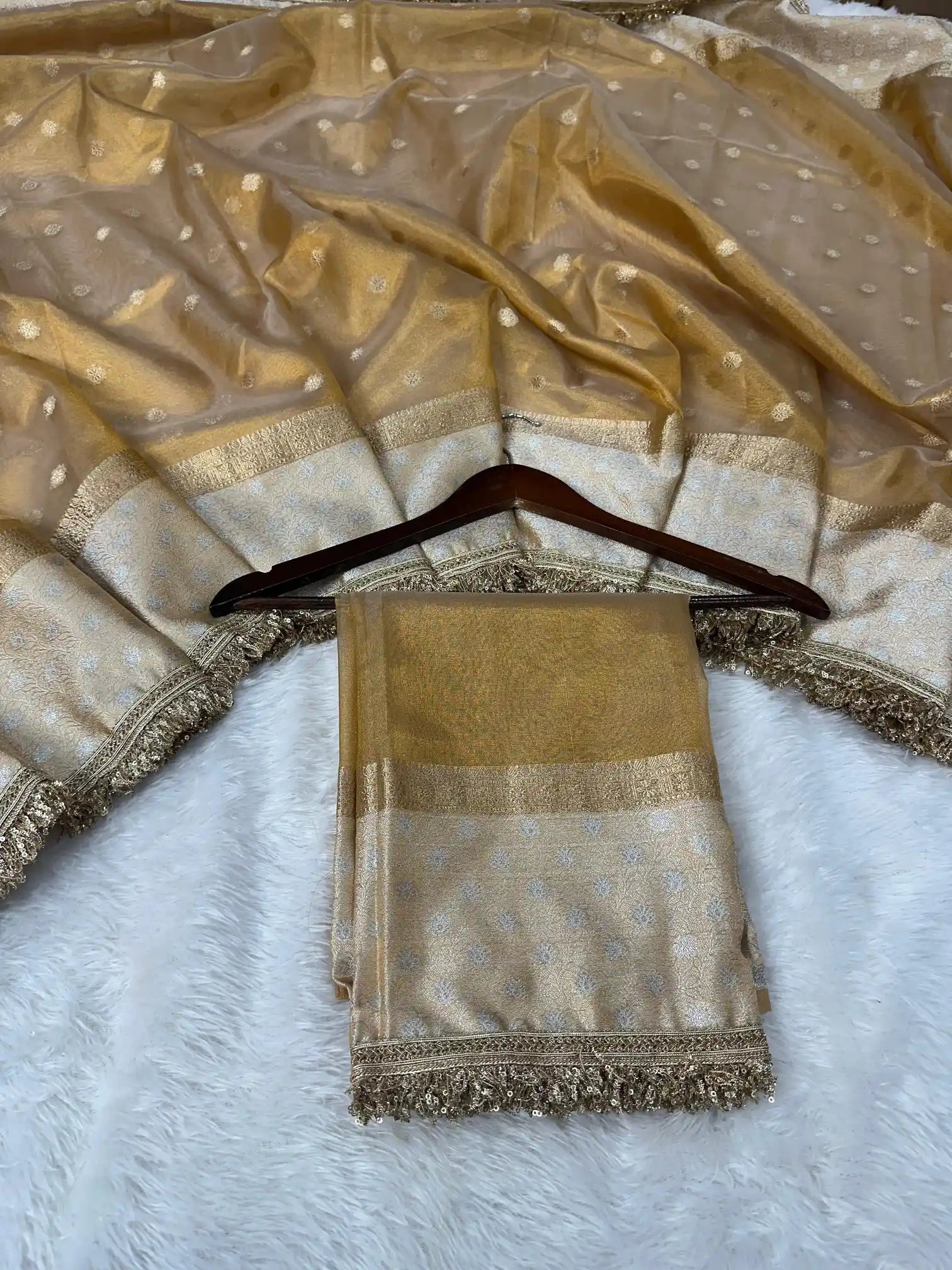 Golden Copper Tissue Silk Lace Work Banarasi Saree